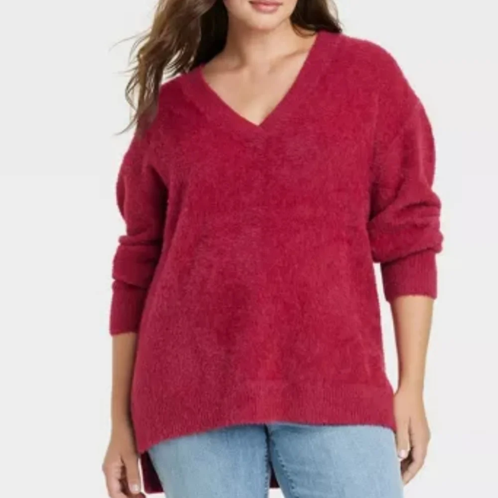 NWT Ava & Viv Red Majenta Fuzzy V Neck Sweater Size 1X